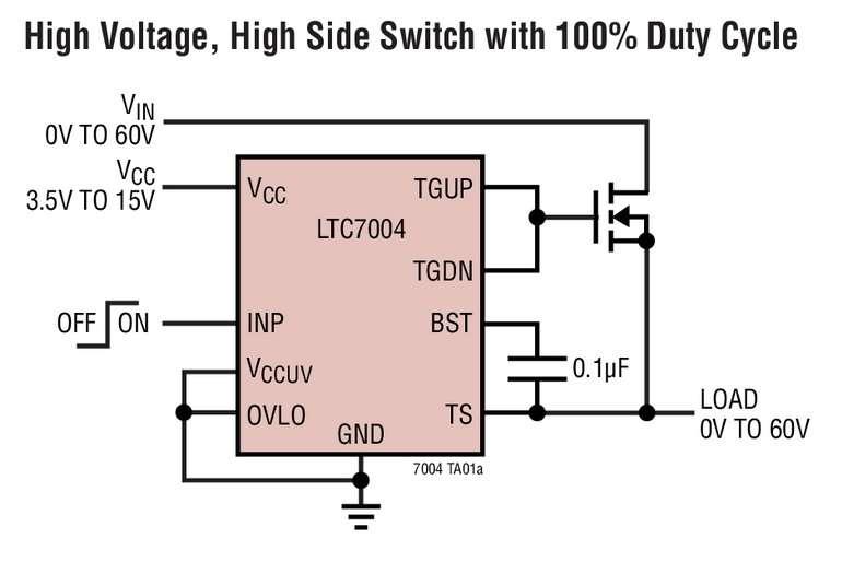 Contr�leur de MOSFET canal N, 60V, rapide, c�t� haut, avec possibilit� d�un rapport cyclique de 100%