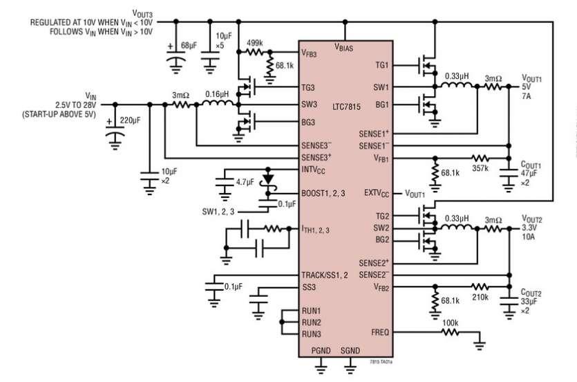 Contr�leur DC/DC, synchrone, sortie triple, abaisseur/abaisseur/�l�vateur fonctionnant jusqu�� 2.25MHz dans les syst�mes de d�marrage/arr�t automobile avec IQ de 28�A