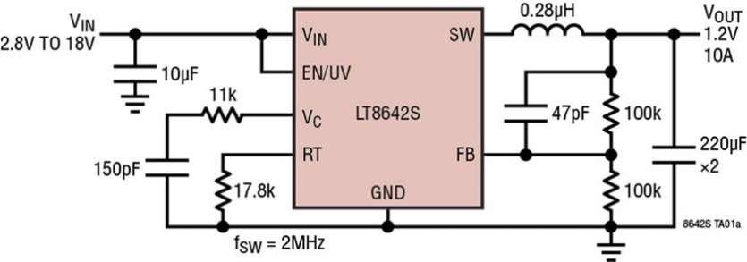 R�gulateur abaisseur, synchrone, Silent Switcher 2,18V, sortie 10A, g�n�rant un rendement de 95% � 2MHz et de tr�s basses �missions d�EMI