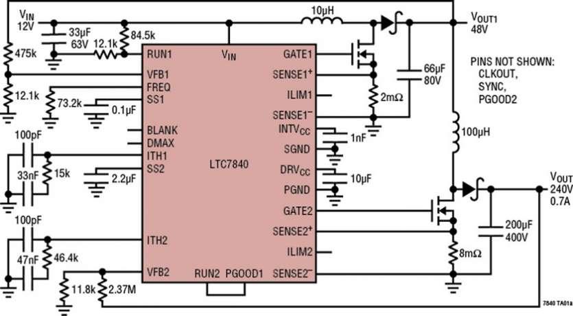 Contr�leur �l�vateur, 60V, double, 2 phases, mise en cascade des sorties possible pour r�guler au-del� de 200V